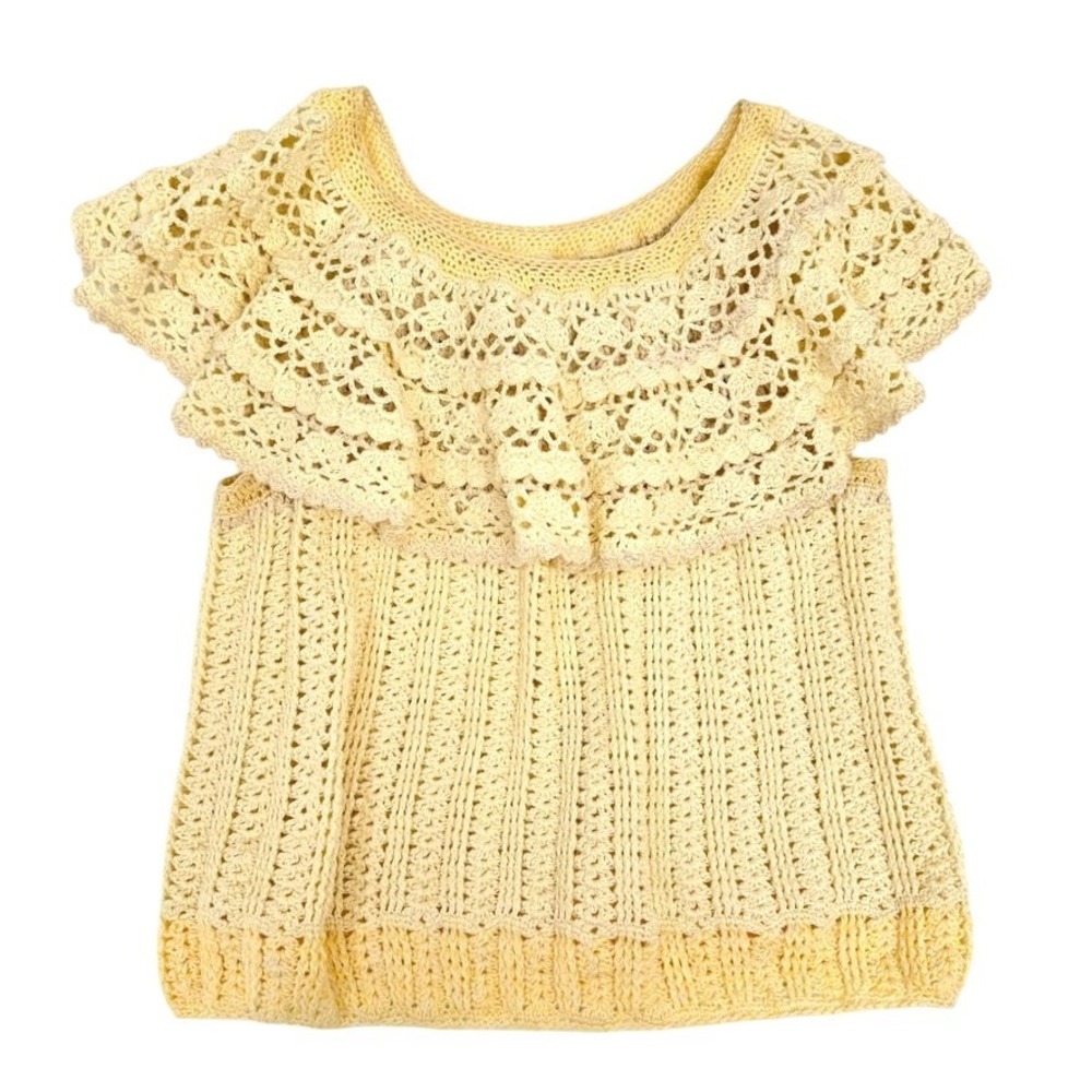 Vintage Handmade Crocheted Yellow Cottage Granny Boho Ruffle Detail Size M
